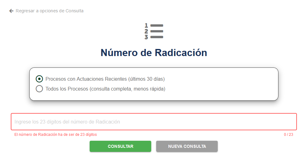 Error en consulta por número de radicación